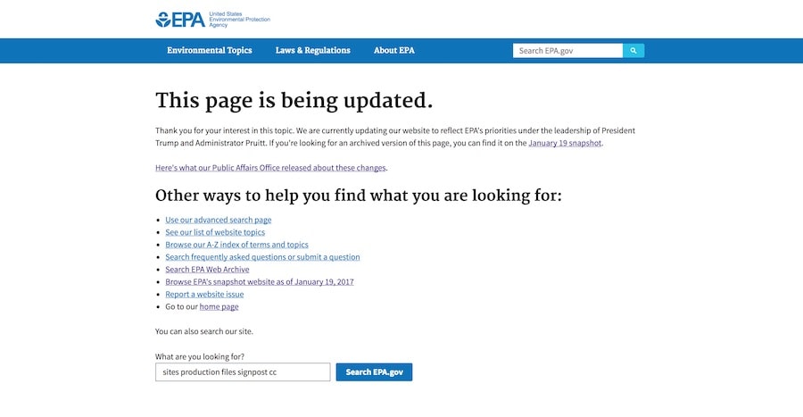 screenshot of epa site which says 'this page cannot be found'